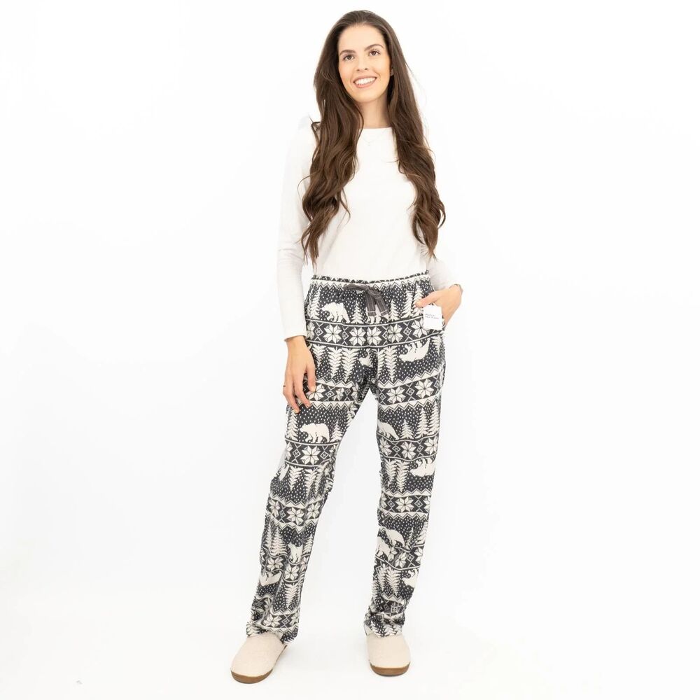 Old Navy Flannel Pajama Pants Womens L Gray Bear Isle Drawstring NEW